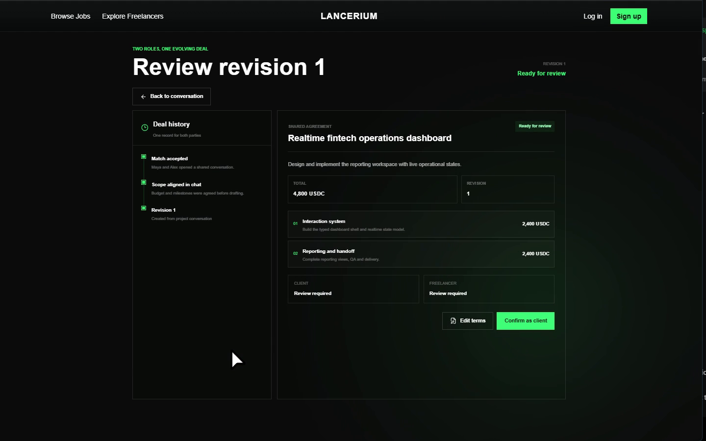 Lancerium shared agreement lifecycle with bilateral revision confirmation